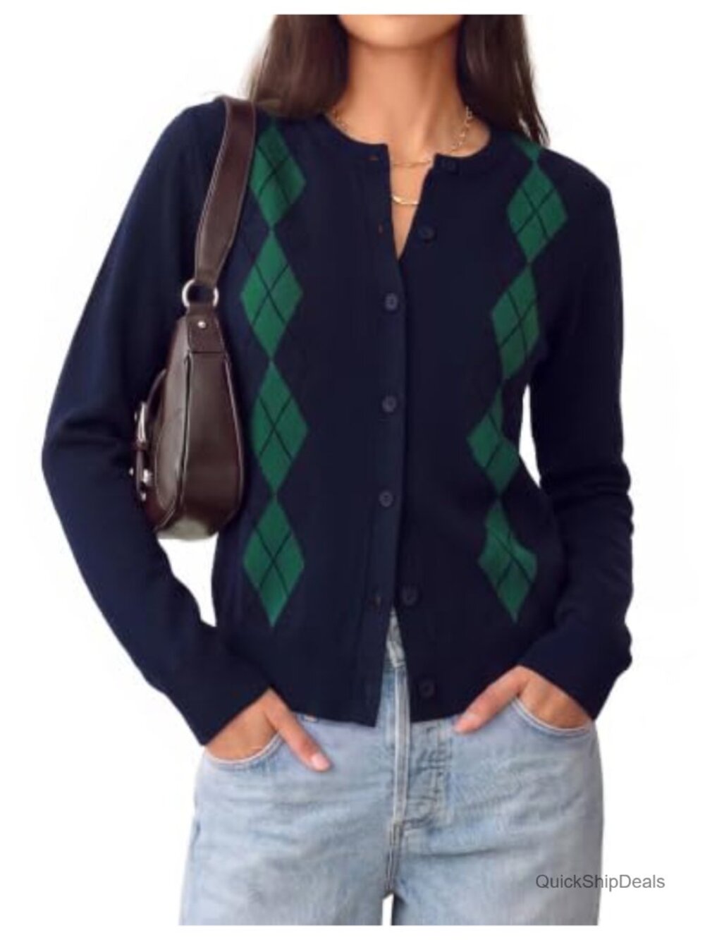 Women's Argyle Button-Up Cardigan Sweater Long Sleeve Crewneck Knit